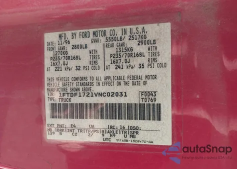 1997 Ford F-150 Standard/Xl/Xlt from USA, damaged, VIN 1FTDF1721VNC02031